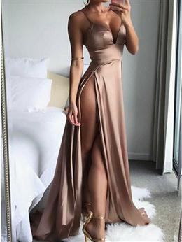Picture of Sexy V-neckline A-line High Leg Slit Soft Satin Party Dresses, Straps Evening Dresses Formal Dresses